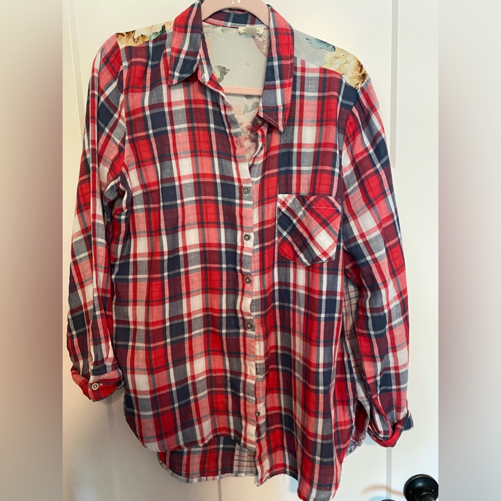 Tribal Jeans Women’s Top Plaid  Floral Multi Media Button up Shirt‎ Size L